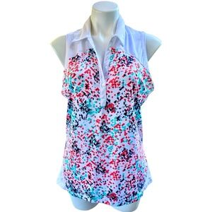 PGA Tour White Collared Tank Top with Pink Blue Pixel Print